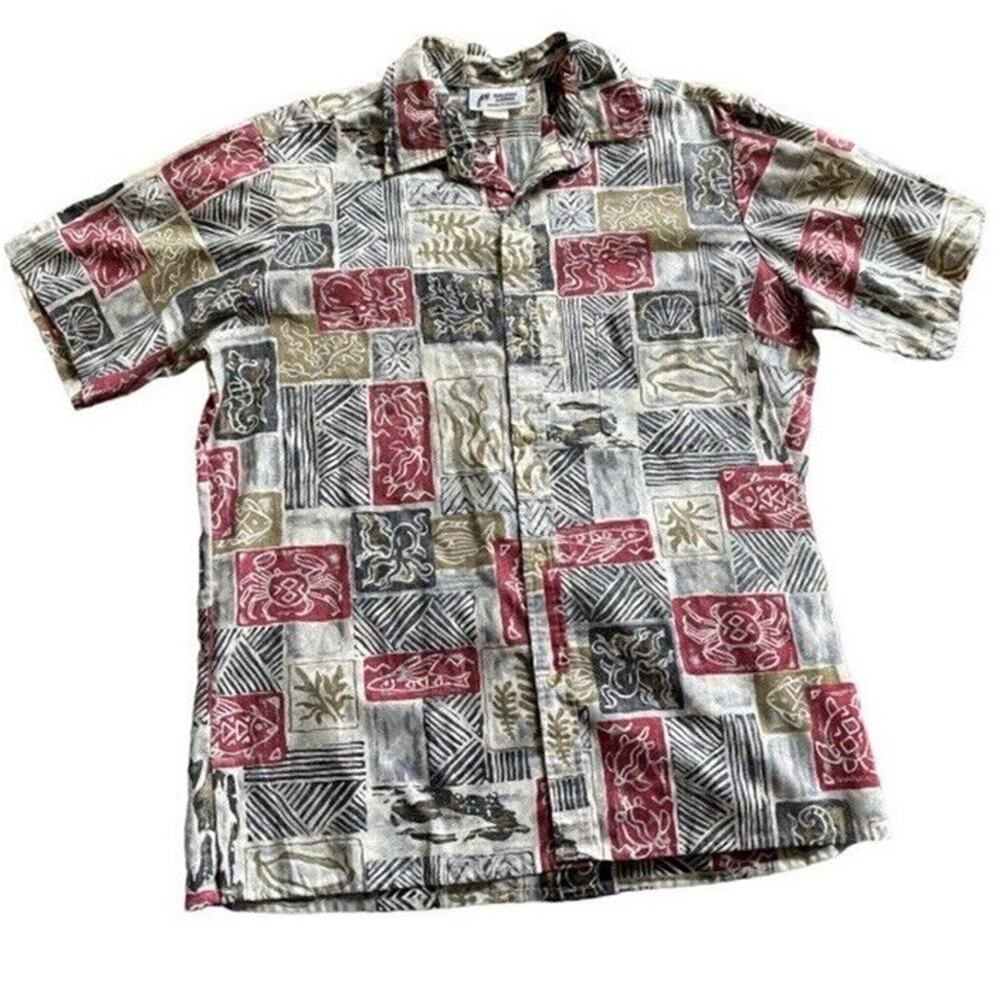 Malihini Hawaiian Button Up Shirt Mens Large Vintage Beach Octopus Coast Tropic